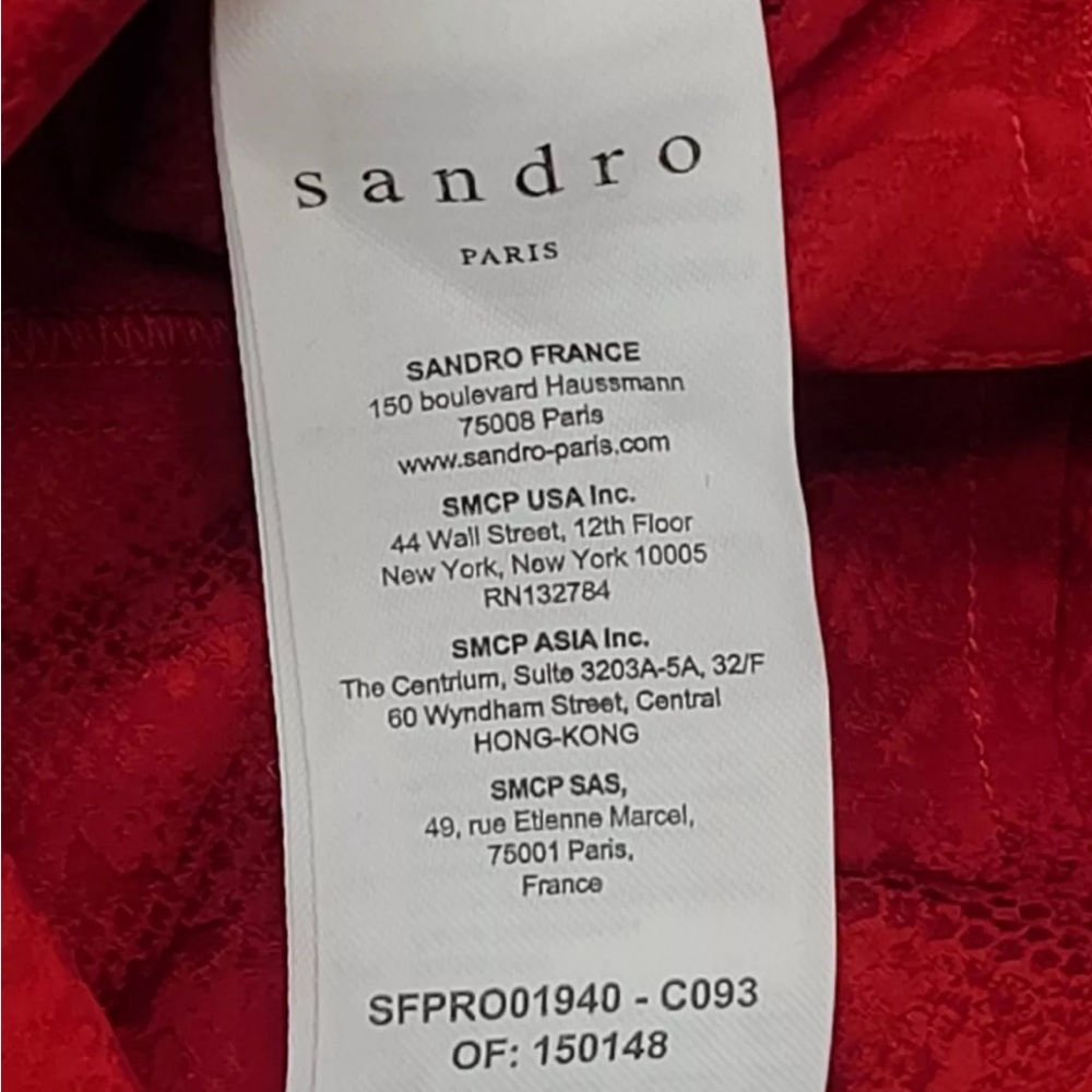 SANDRO Gloria Dress Womens EU 40 Jacquard Gathered Front Patterned V-Neck Red - Picture 5 of 9
